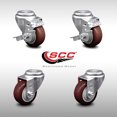 thumbnail image 2 of 3.5 Inch SS Maroon Polyurethane Wheel Swivel Bolt Hole Caster Set with 2 Brake, 2 of 2