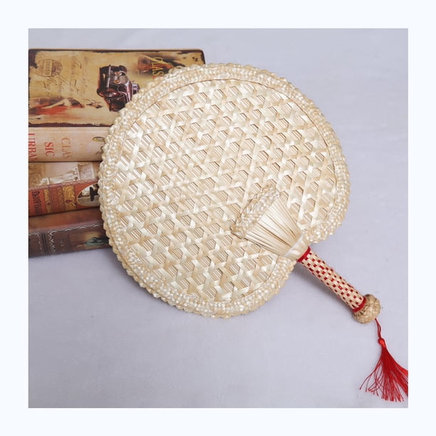 Abanico tejido a mano, abanico de paja de trigo de verano, abanico grande de hojas de espadaña, abanico antiguo de verano con manivela, repelente de mosquitos para bebés, abanico envolvente de colores
