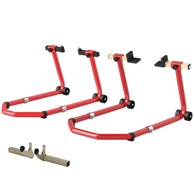 Red Motorcycle Stand Lift Set – 850lb Capacity Front & Rear Wheel Paddock Stands for Dirt Bikes, Adjustable Steel Repair Tool – Living Room, Garage Use