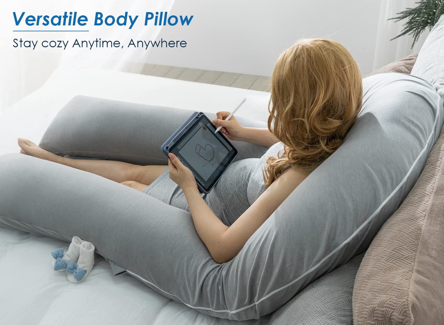 Extra Long U Shaped Body Pillow  Pillows For Sleeping 65 Inch Full Support Maternity Adults Women Grey