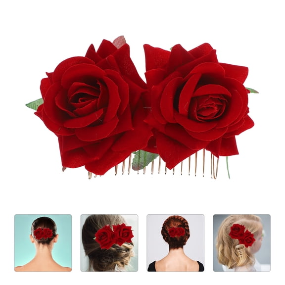 GAXIRE Elegant Bridal Hair Comb with Red Fabric Rose, Lightweight Wedding Hair Accessory for Brides and Special Occasions