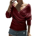 thumbnail image 5 of Baqcunre Sweaters For Women Women's Fall And Winter Solid Color V Neck Comfort Fit Knit Off The Shoulder Casual Pullover Sweater Hoodies For Women Fall Outfits Women Trendy Wine S, 5 of 8