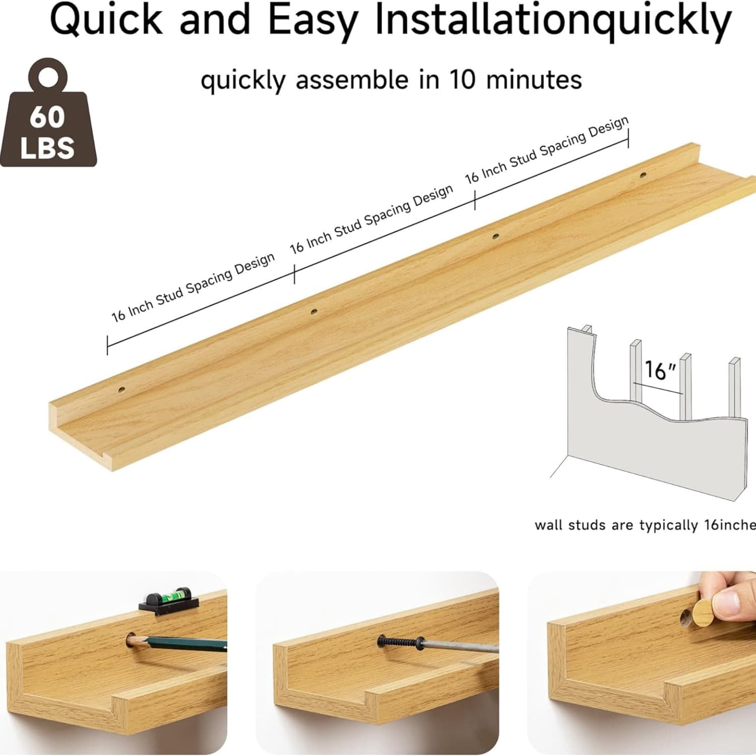 Floating Picture Ledge Shelves for Wall Set of 2, 55 Inches Picture Shelf with Ledge, Nursery Book Shelf for Toys Storage Kids Bookshelf Wall Mounted Living Room Bedroom Decor Frames, Oak