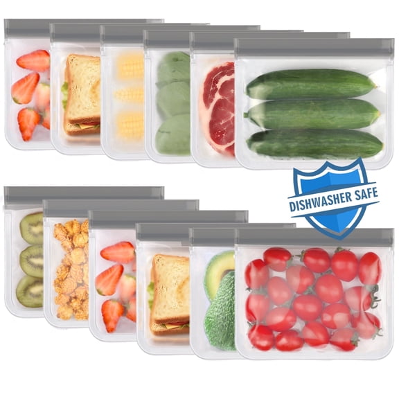 Lerine 12 Pack Dishwasher Safe Reusable Sandwich Bags, Leakproof Double Zipper, Freezer Bags