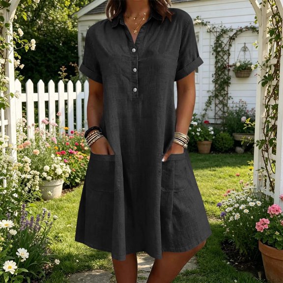 ClodeEU Women's Collar V Neck Short Sleeve A Line Midi Shirt Dress with Pockets,Casual Loose Dress Black,Women's Plus L