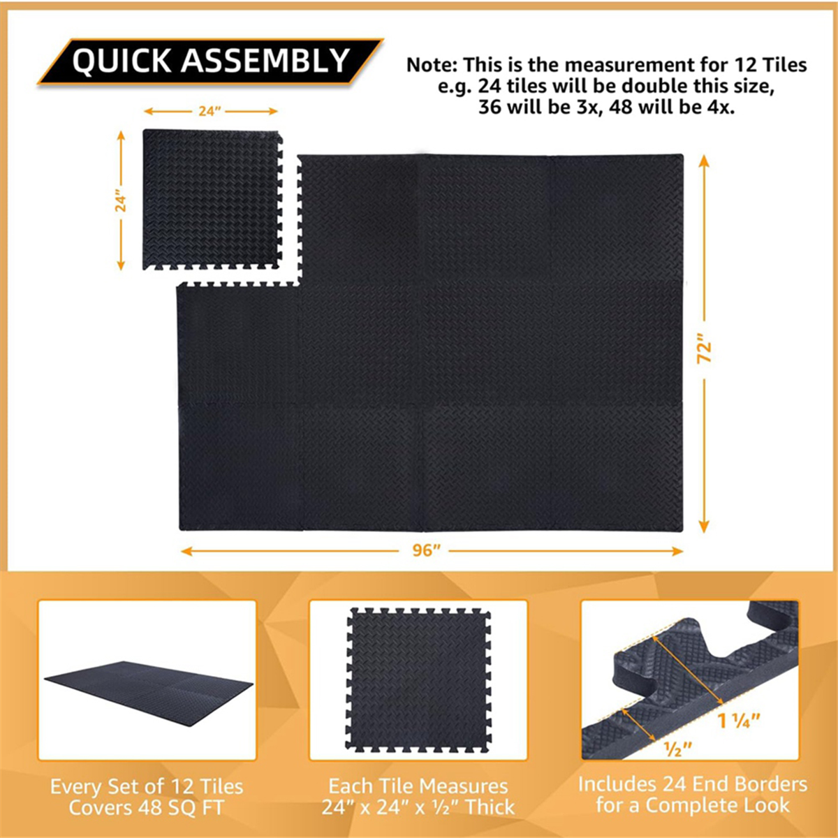 12 Pack Floor Exercise Mat for Home Gym or Floor Padding for Yoga, Weights Gym Equipment Black