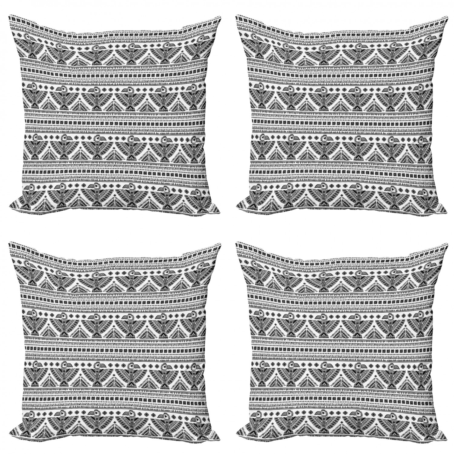 Black White Throw Pillow Cushion Case Pack of 4, Primitive Art Pattern with Eagle Mystic Culture