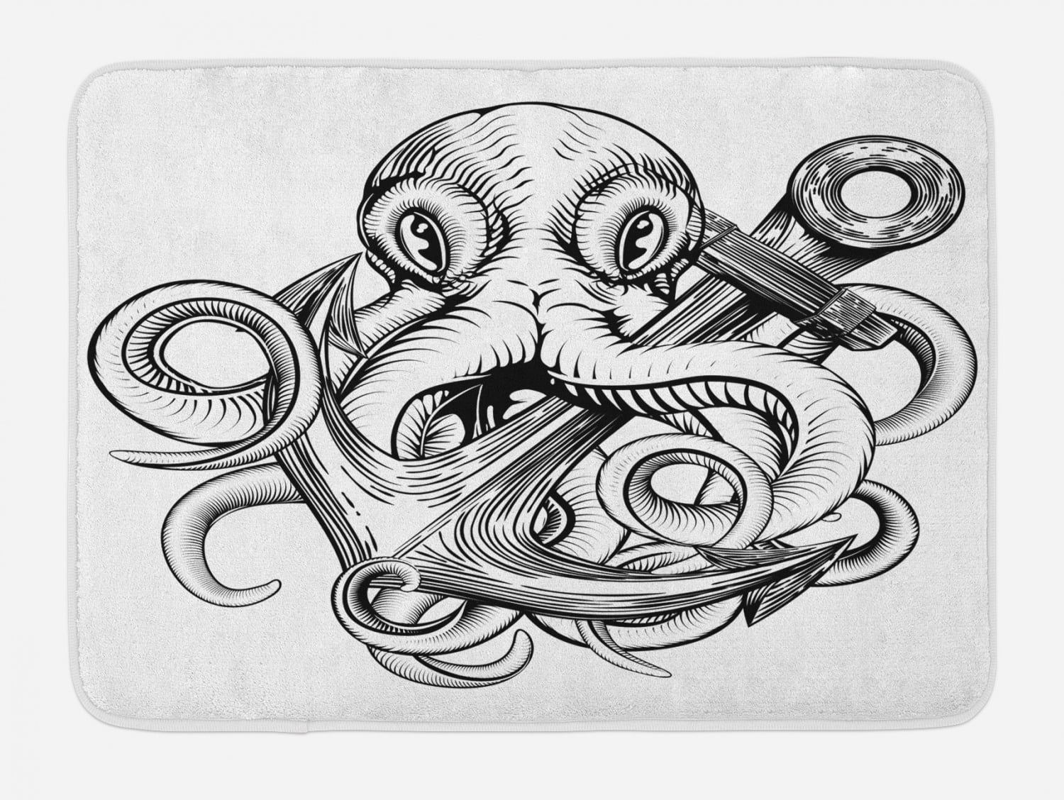 Octopus Bath Mat, Illustration of An Octopus Holding A Ships Anchor in A Vintage Woodblock Style