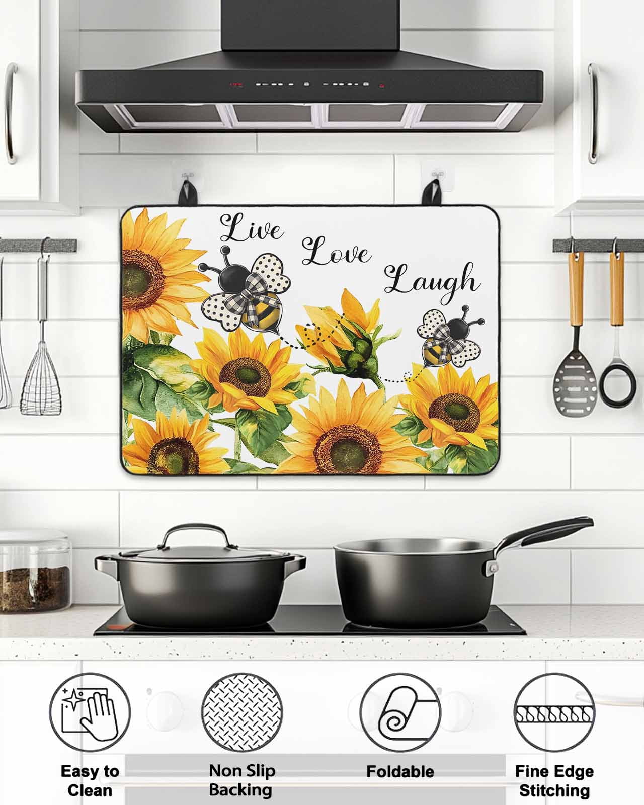 Stove Top Covers for Electric Stove, Sunflower Bee Glass Stovetop Cover Protector, Vintage Yellow Floral Farmhouse Watercolor Induction Cooktop Protector Oven Mat for Kitchen Countertop 24"x21"