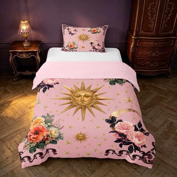 Homewish Girls Blossoms Twin Duvet Cover, Hippie Sun Stars Twin Bedding, Pink, Pink Reversible 2 Pieces, 1 Duvet Cover and 1 Pillowcase