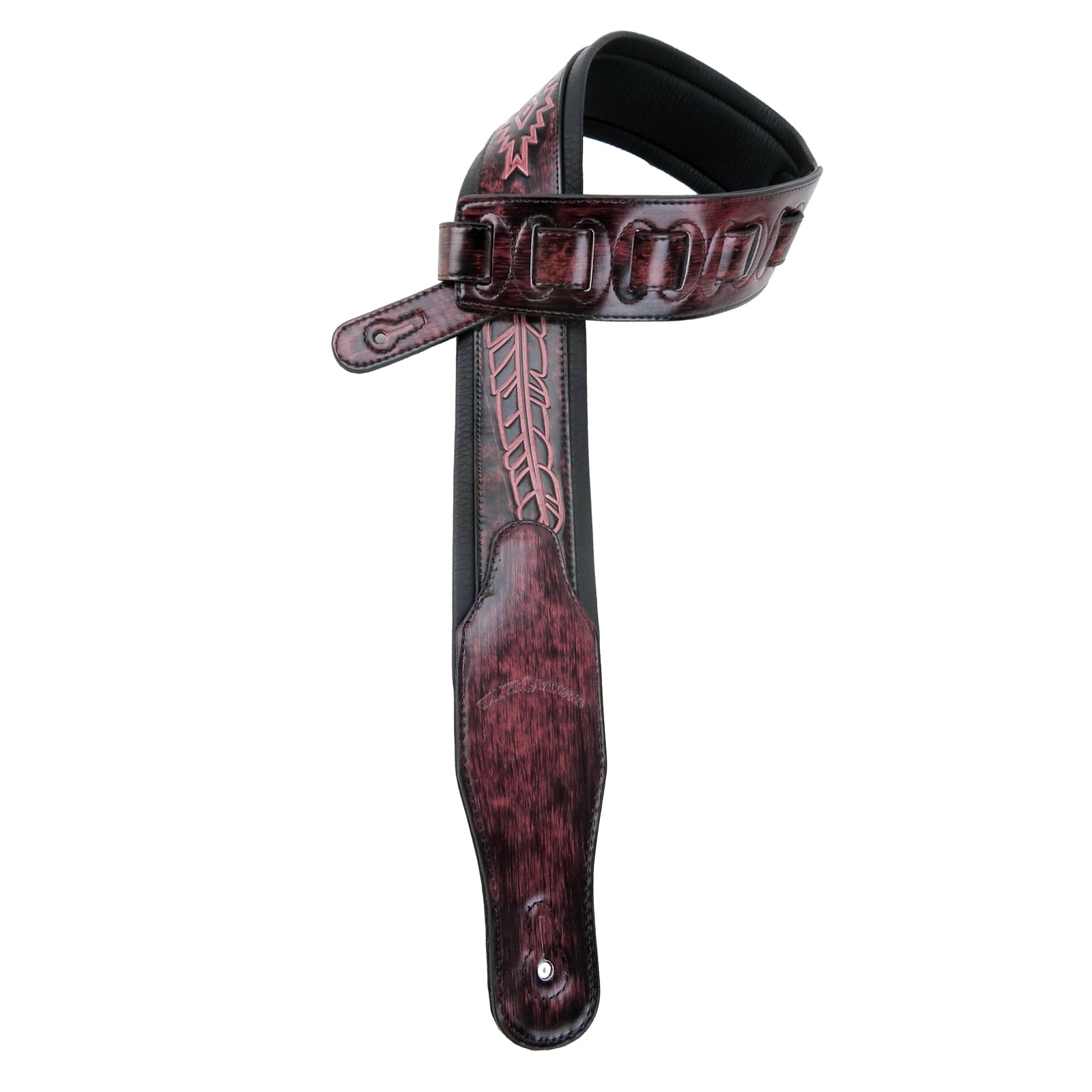 Walker & Williams GB-134 Oxblood Brown Leather Feather Design Padded Guitar Strap