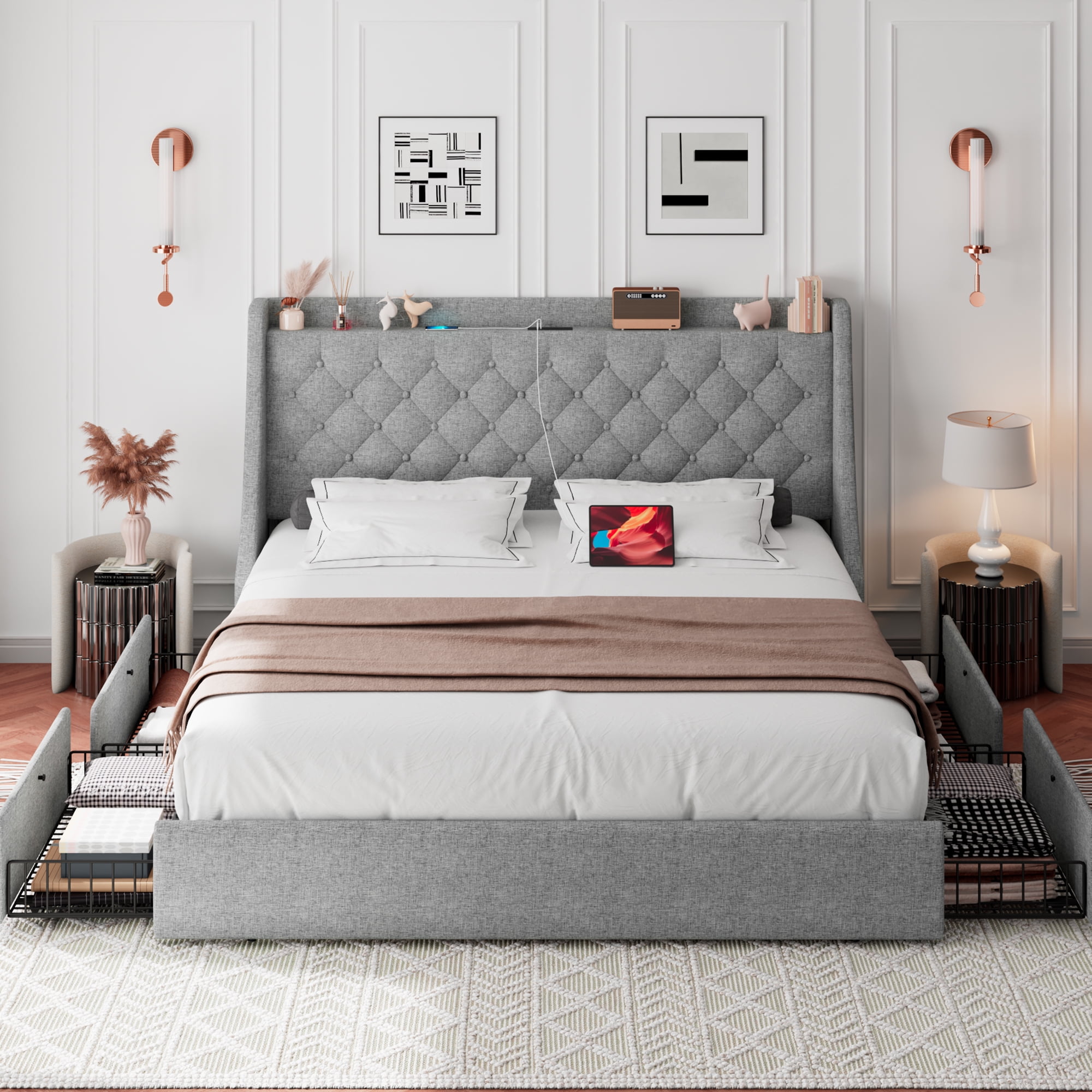 Virans Queen Bed Frame with 4 Storage Drawers, Upholstered Platform Bed Frame with Type-C & USB Ports, Wingback Storage Headboard,Light Gray