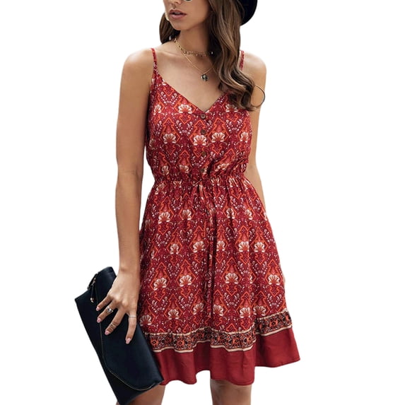 GORHGORH Women's Bohemian Floral Print Sleeveless V-Neck Button Holiday Slip Dress