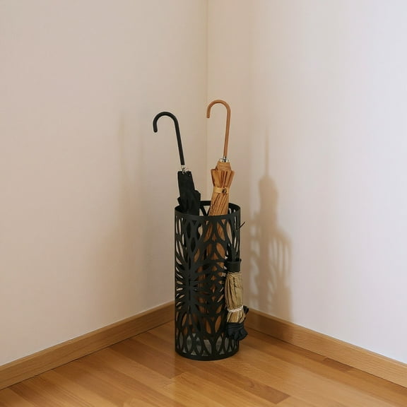 LEDREM Freestanding Umbrella Stand with Drip Tray , 19.3" Steel Holder for Entryway , Includes 4 Hooks for Canes Walking Sticks ,Matte Black