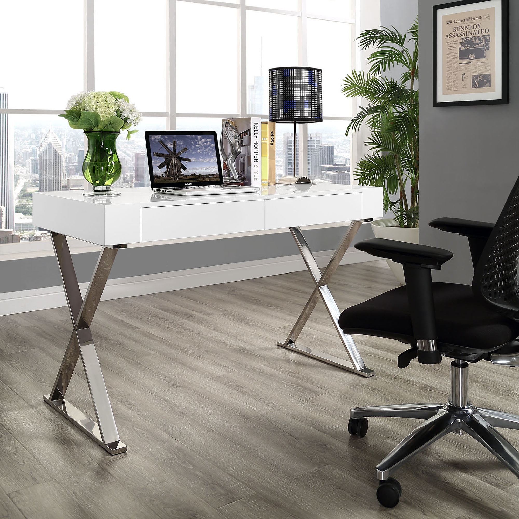 Modway Sector Office Desk With Stainless Steel Frame Multiple Colors