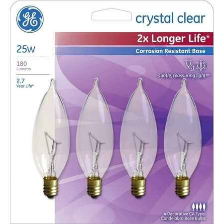 60w Double Life - GE 25-Watt Incandescent CA10 Bent Tip Candelabra Base Double Life Light Bulbs (4 Bulbs)