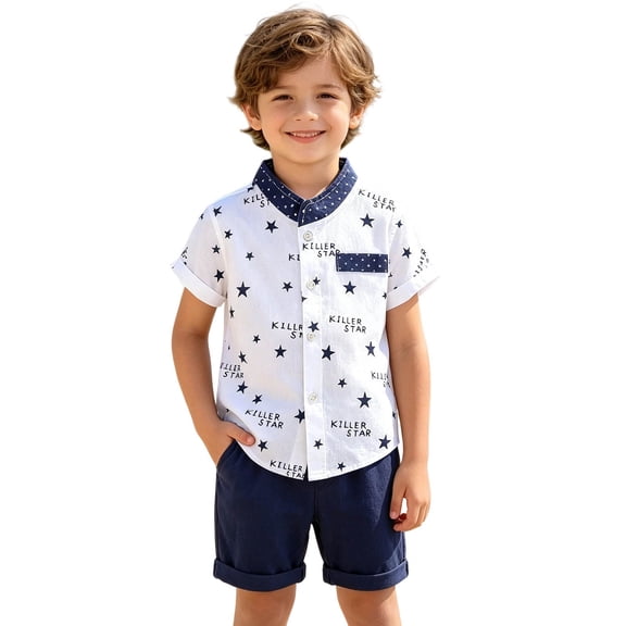 Luvior Boys’Star Theme Print Casual Outfit Set - Short Sleeve Top and Shorts 2 Piece Set for Outdoor Play, Holiday Wear for Toddlers Ages 1-4