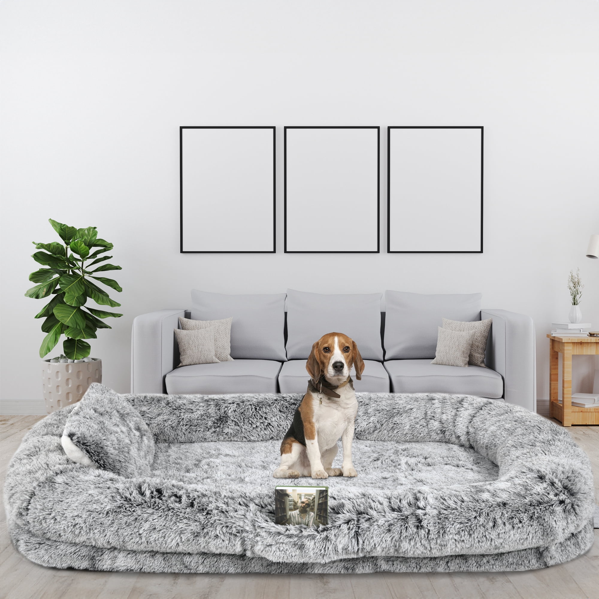 Uforic Oversized 79"x43" Human Dog Bed with Memory Foam, Pillow & Blanket, Washable Dark Brown Fur Cover