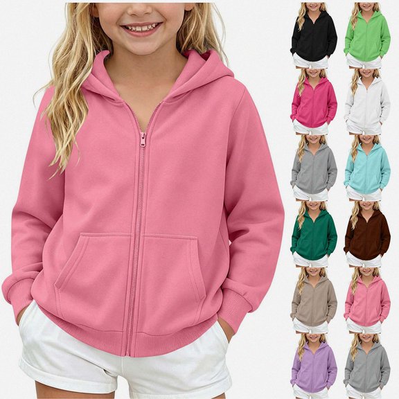 SGFCWSX Girls Zip Up Hoodie, Long Sleeve Casual Hooded Sweatshirt Jacket, Soft School Daily Fall Winter Outerwear with Pockets Pink Size 9