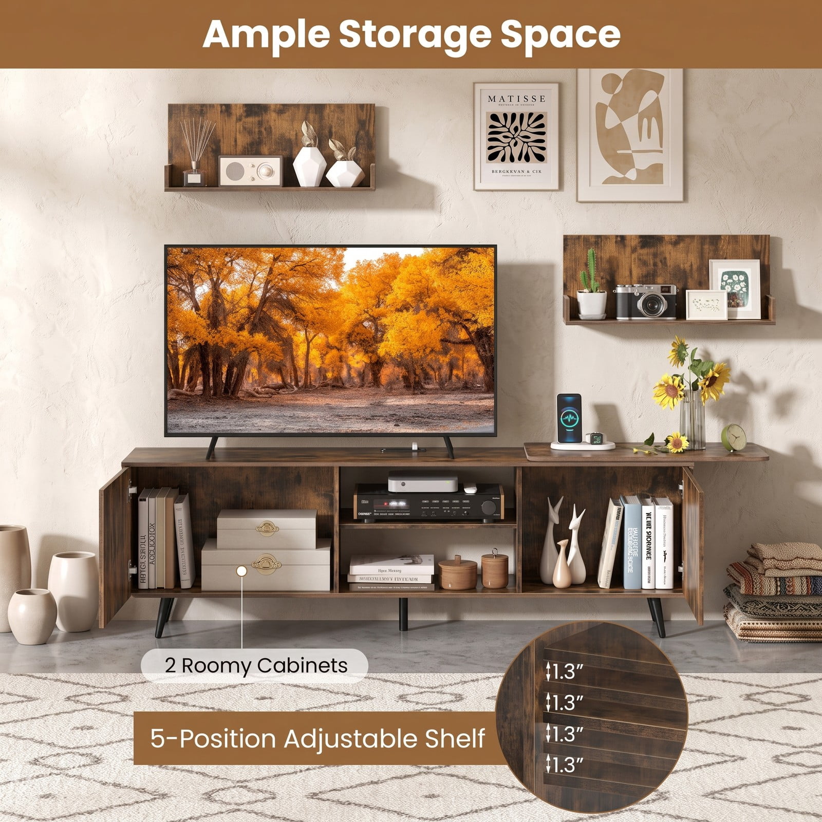 Furnibear TV Stand for TVs up to 85 Inch with Charging Station, Wood Entertainment Center Media Console with 2 Cabinets and 2 Wall Shelves for Living Room, Rustic Brown