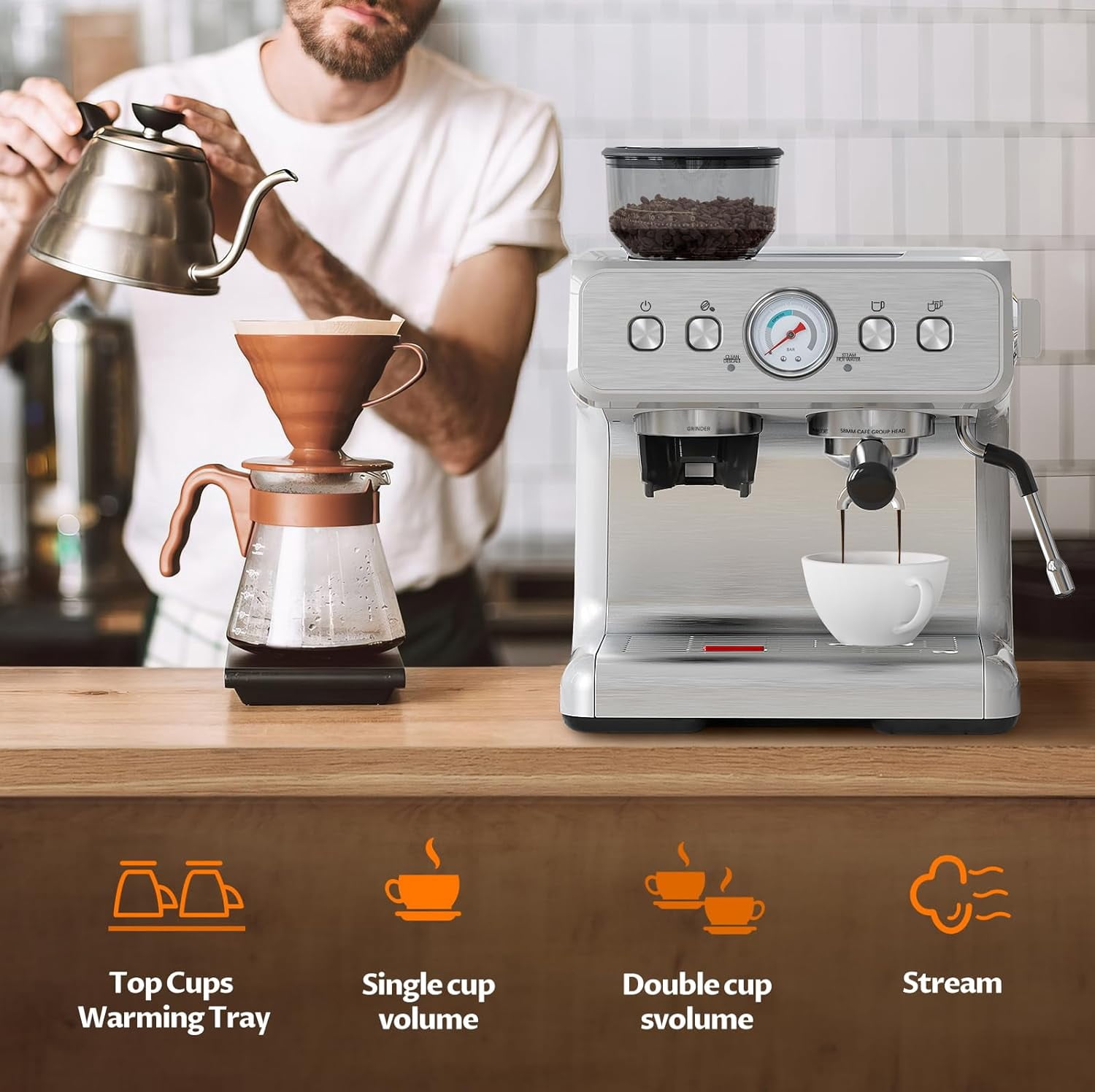 Espresso Machine 20 Bar Professional Coffee Maker with Grinder Milk Frother