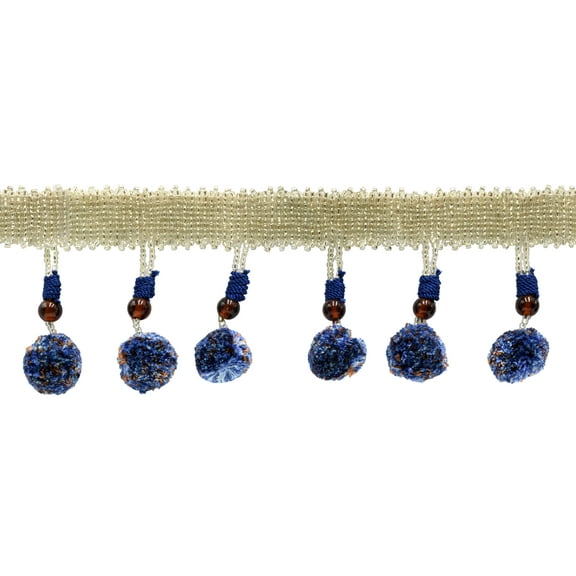3" (7.5cm) Marrakesh Collection Glass Beaded Tassel Fringe Trim with Pompom Ball # PPFRWB,, Blue #VL09 (Sky Blue, Chocolate Brown, Cobalt Blue) 3 Yards (9 ft/2.5m)