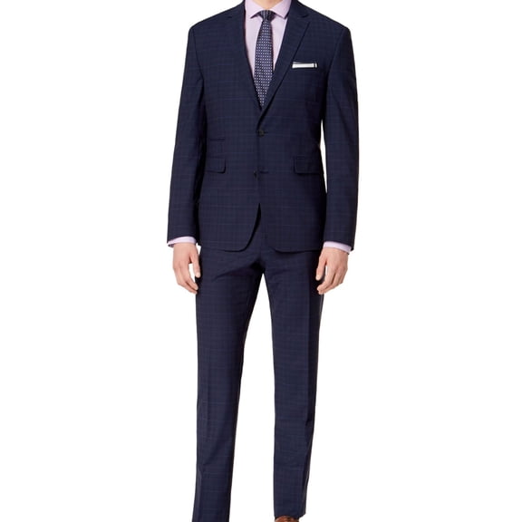 Vince Camuto Mens Plaid Two Button Formal Suit navy 40/Unfinished