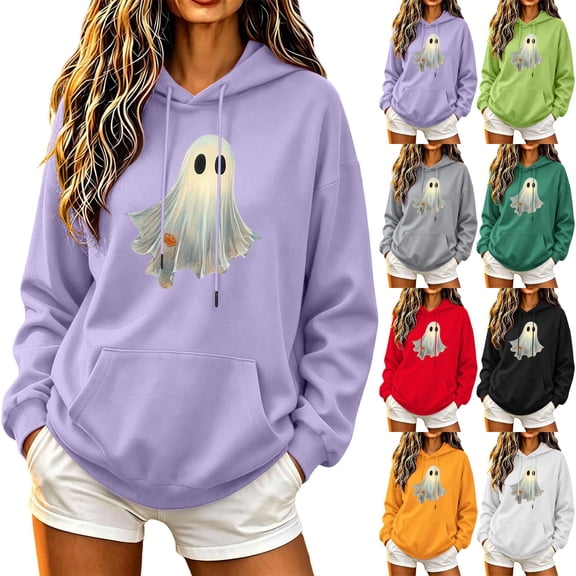 NSLGXD Vintage Ghost Print Hoodies for Women Halloween Oversized Pocket Hooded Sweatshirt Loose Long Sleeve Comfortable Fall Baggy Tops S-XL