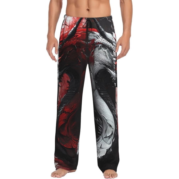Gukieu Cool Black And White Dragon Print Men's Home Trousers, Elastic Drawstring Home Pajamas Clothing Suitable for Adult Men-Small