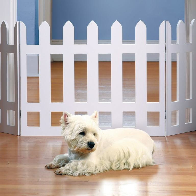 Etna Products Folding White Picket Fence Free Standing Pet Gate. 19 H x 42 W. Elegant 3 Panel Folding Wood Gate