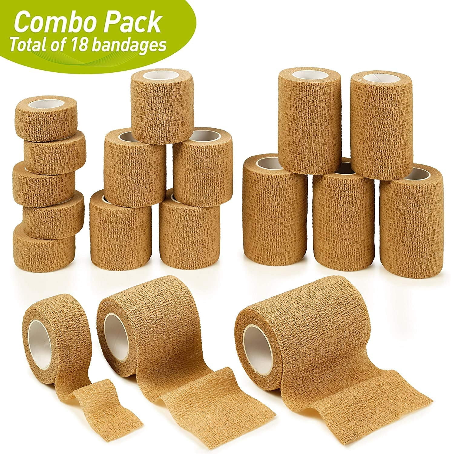 MEDca Self-Adhesive Cohesive Bandage Wrap, 1"-3" x 5 Yards, 18 Count, 3 Sizes