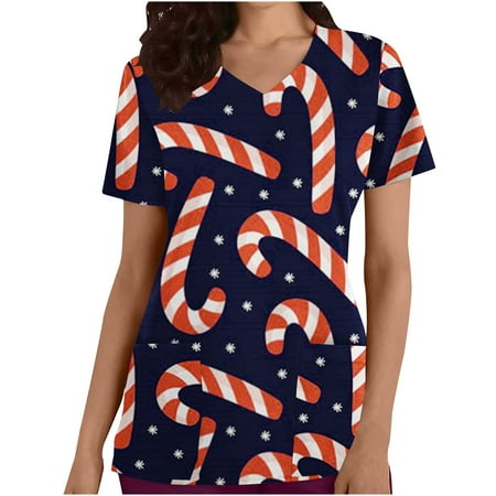 

Women Tops SUWHWEA Scrub Tops Women s Fashion Short Sleeve V-Neck Tops Working Printing Pocket Blouse Tops on Clearance