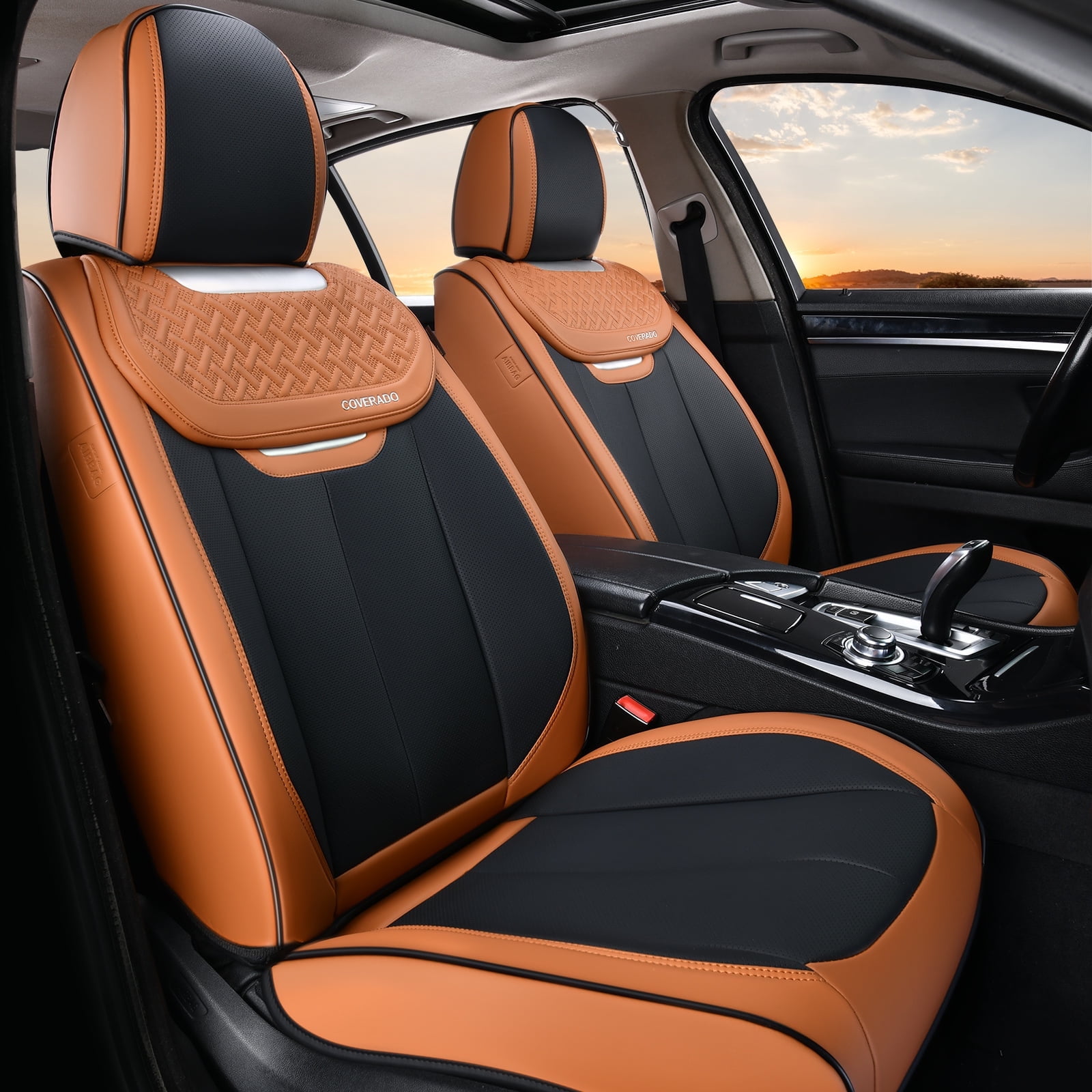 Coverado Car Seat Covers Full Set, Luxury Leather Front and Back Seat Protectors, Automotive Interior Cushions Universal Fit Most Cars, Black&Brown