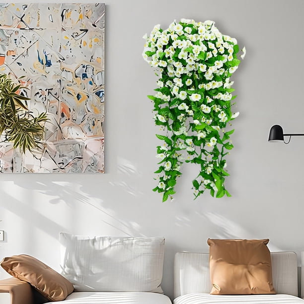 Cesta colgante de enredaderas de flores de rosa artificial | Varilla de 85cm de largo | 12 Puntas | Envoltura floral de plástico | Planta decorativa montada en la pared | Decoración de techo para