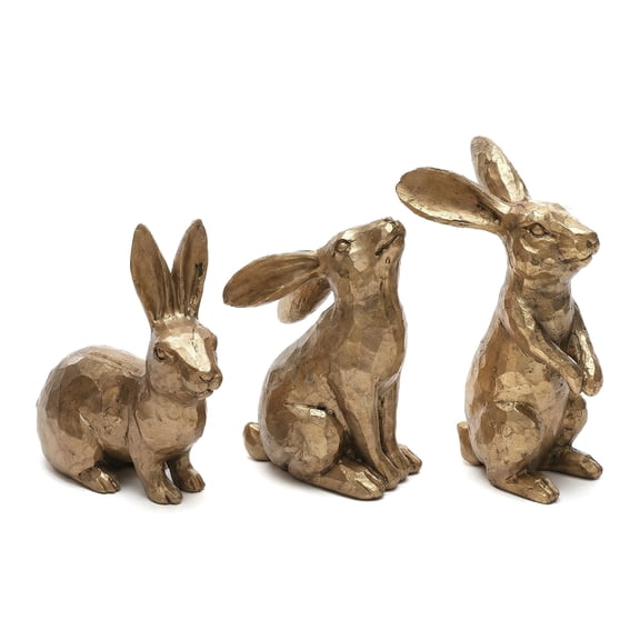 Golden Polyresin Bunny Decor Rabbit Figurines, Easter Bunny Statue Set of 3 for Spring Tabletop Decor