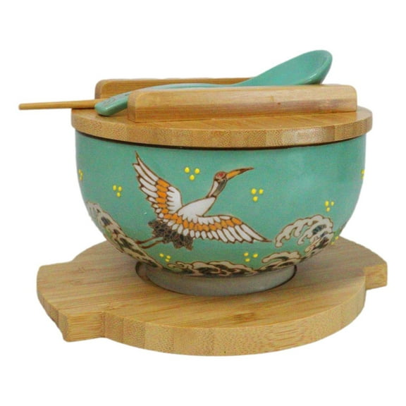 Turquoise Japanese Crane Donburi Ramen Bowl With Lid Trivet Spoon Chopsticks Set
