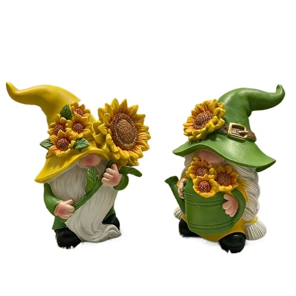 2 Pack Sunflower Themed No Face Gnome Resin Statue Set Weatherproof Dwarf Figurine Indoor Windowsill Outdoor Garden Lawn Patio Decor Ornament