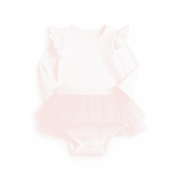 Baby Girl Long/Cap Sleeve Ruffle Cotton Romper with Tulle Tutu Skirt (70/0-6 Months, White Long Sleeve)