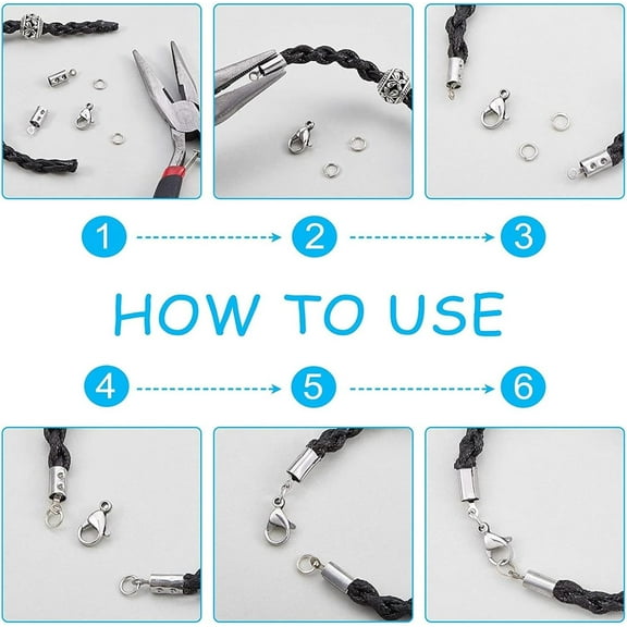 304 Stainless Steel 50Pcs Fold Over Cord Ends Stainless Steel Folding Crimp Ends 6mm Fold Leather Rope Ending Caps Jewelry Connector for Jewelry Making