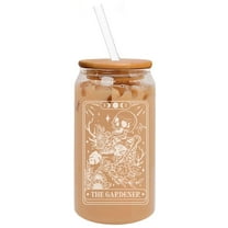 16oz Can Shaped Glass Iced Coffee Cup with Bamboo Lid and Straw Gift Tarot The Gardener Skull Funny
