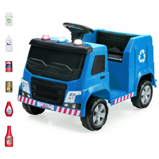 Gymax 12V Recycling Garbage Truck Electric Ride On Toy Remote w/Recycling Accessories Blue