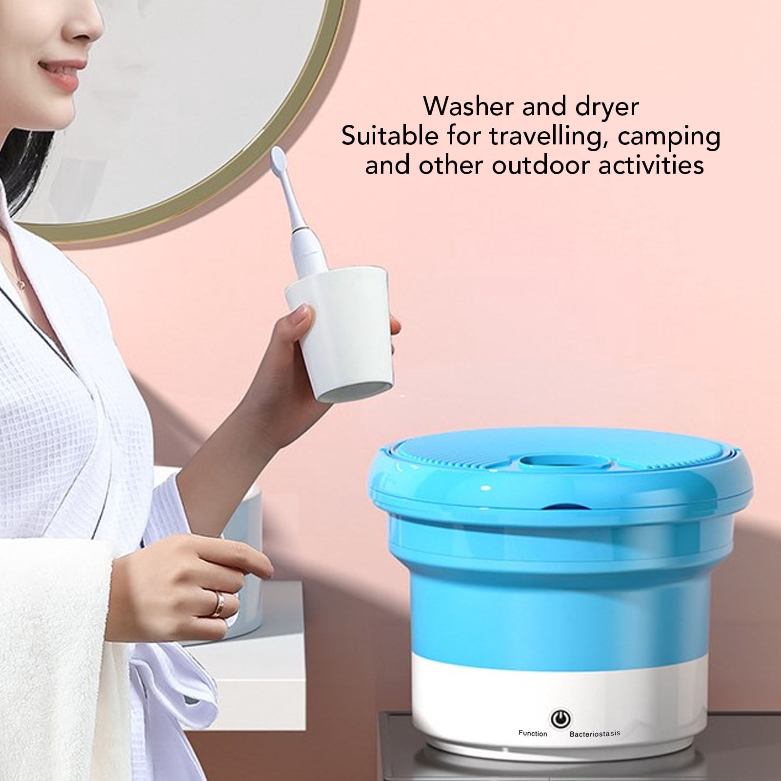 Suodoka Portable Foldable Washing Machine Small Laundry Washer For Underwear Trousers Socks Blue Folded Height 4.33 inches / 11 cm Unfolded 12.6 inches / 32 cm Easy Storage Top Load Design