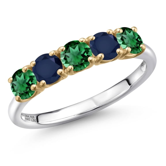 Gem Stone King 925 Silver and 10K Yellow Gold Green Nano Emerald and Blue Sapphire Wedding-Bands Ring for Women | 1.60 Cttw | Round 4MM | Gemstone May Birthstone | Size 6