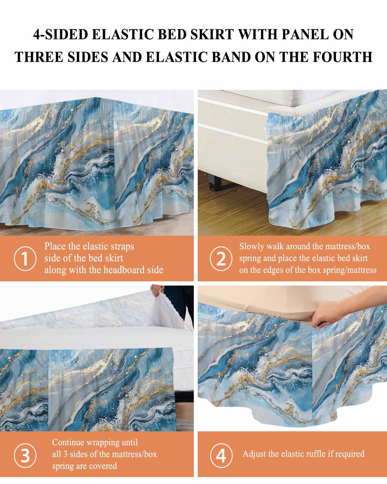 Blue Marble Wrap Around Bed Skirts for Queen Bed 16" Drop, Bed Skirt with Adjustable Elastic Belt Dust Ruffle Bed Valance for Bedroom Hotel Luxury Modern Contemporary Luxury Yellow Bed Frame Cover