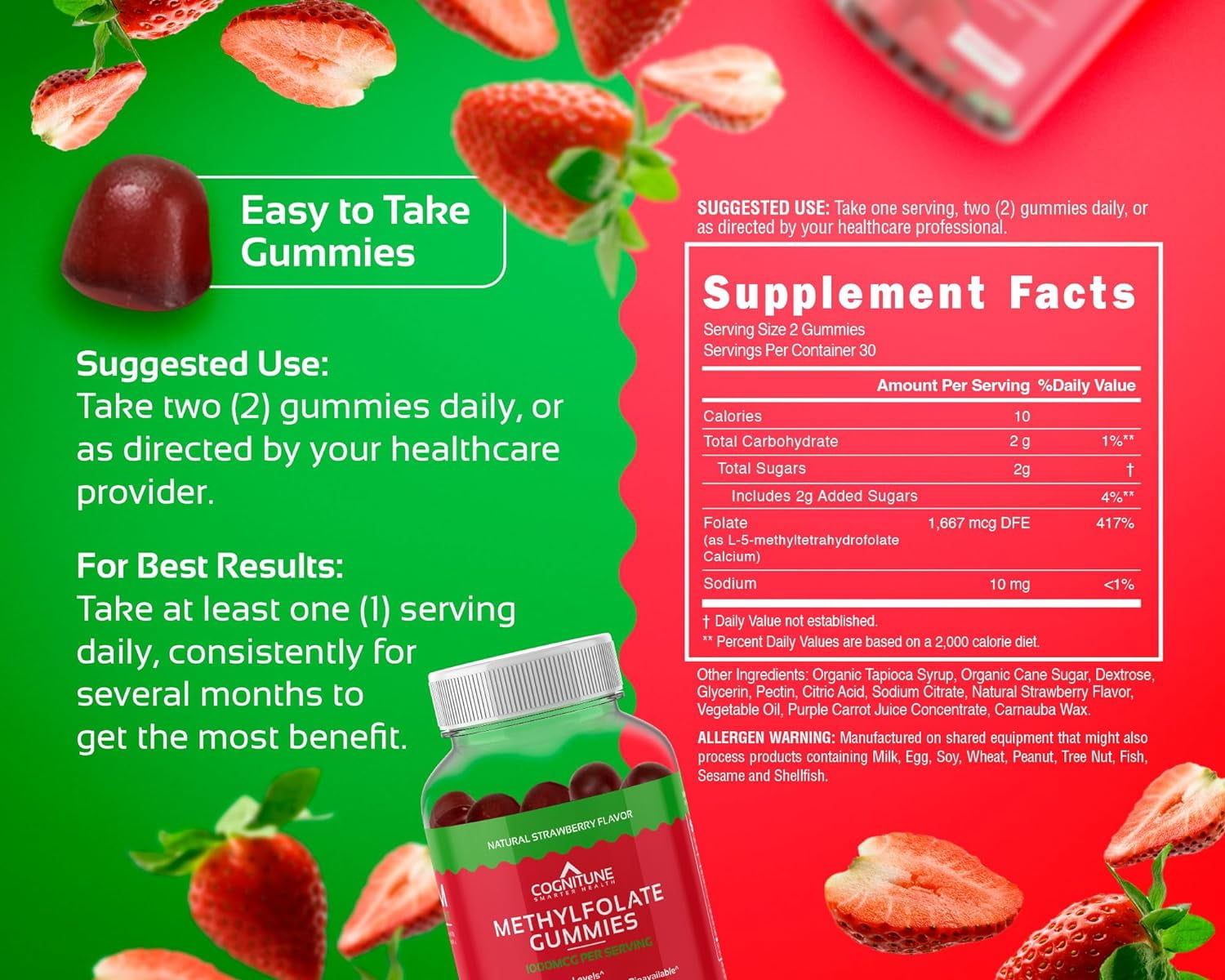 Cognitune Methylfolate Gummies, Brain, Heart, and Immune Support, Strawberry Flavor, Non-GMO, Vegan, Gluten-Free