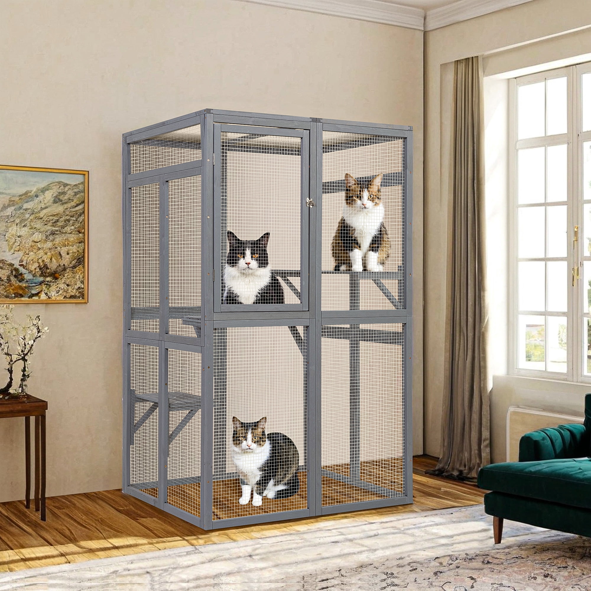 Demi Bonn 64" Cat House Outdoor Catio Cat Enclosures Wooden Kitty House with Platforms, Waterproof Roof, Hammock, Gray