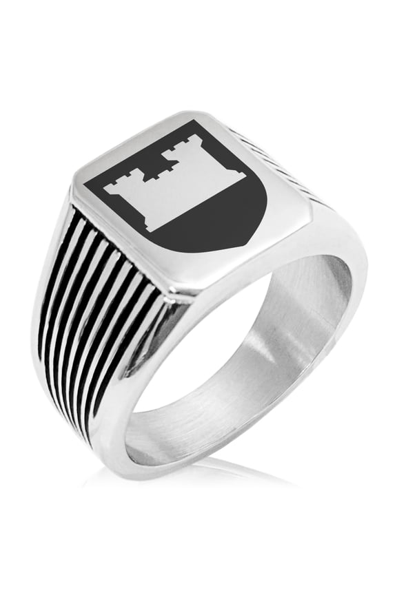 Stainless Steel Castle Protection Coat of Arms Shield Needle Stripe Pattern Biker Style Polished Ring