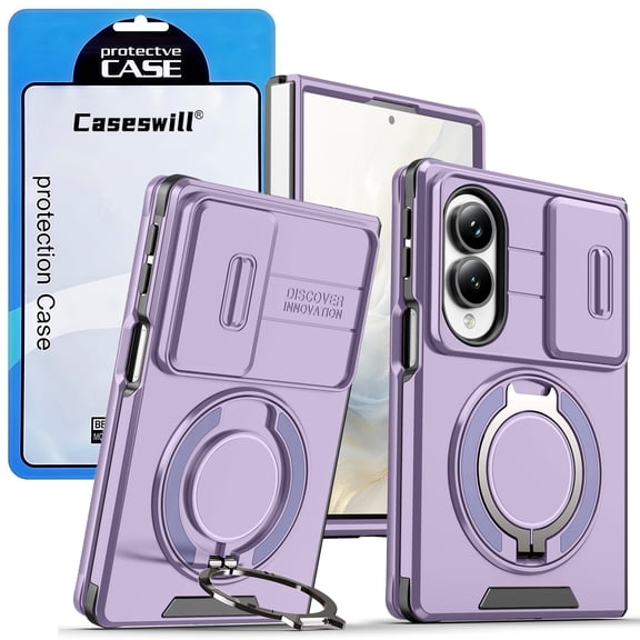 Caseswill for Samsung Galaxy Z Fold 8 Case Rugged Folding Phone Case with Sliding Camera Cover, 360 ° Rotatable Ring Kickstand, Magnetic Car Mount Compatible, Heavy Duty Shockproof Protective Cover