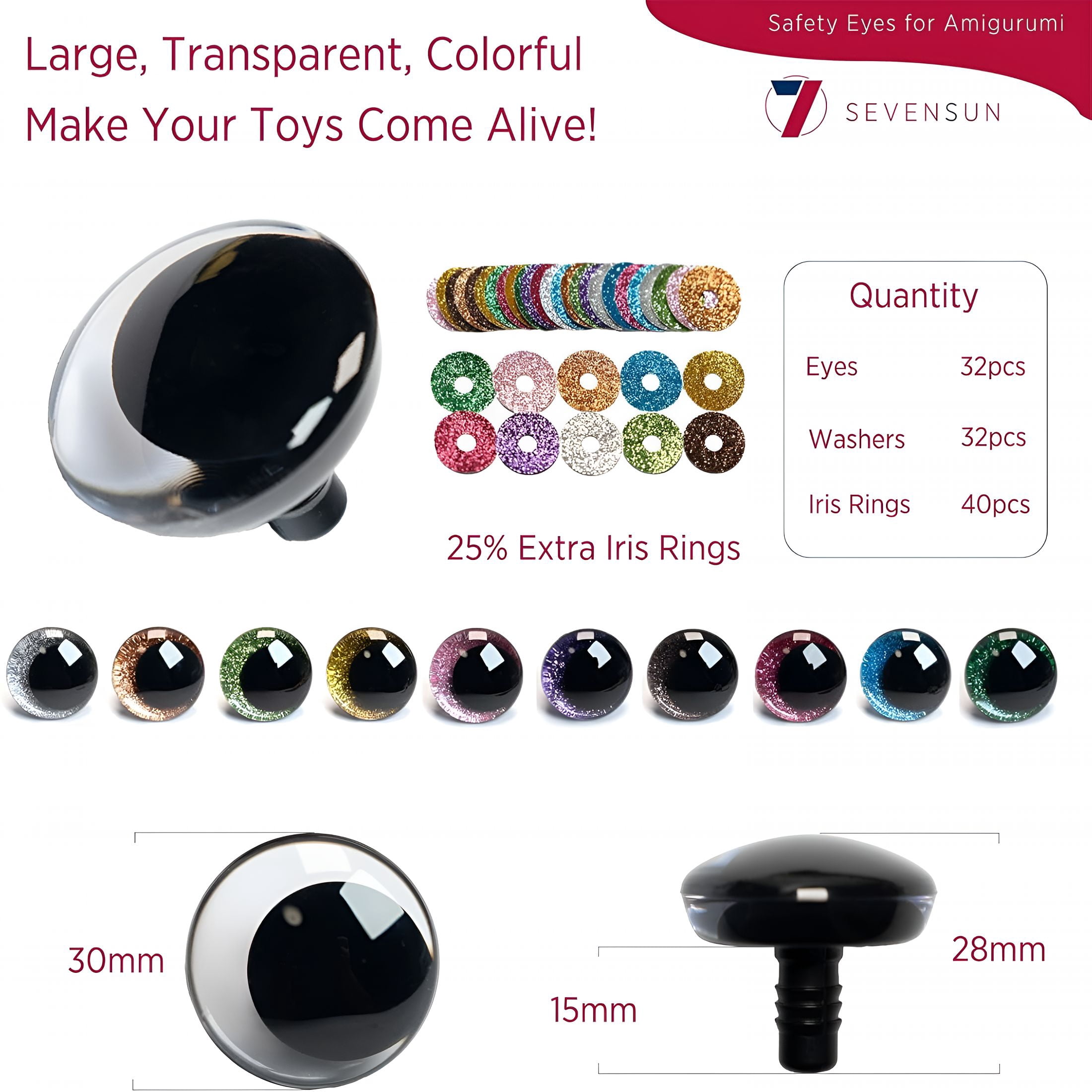 TUWAFE 2026 New 60 Pcs 30Mm Safety Eyes,Sparkling 3D Moon Glitter Eyes with Washers,Doll Eyes Stuffed Crochet Eyes,Craft Doll Making Safety Eyes for Crocheting