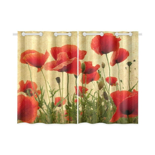 CADecor Vintage Floral Window Kitchen Curtain, Red Poppies Window